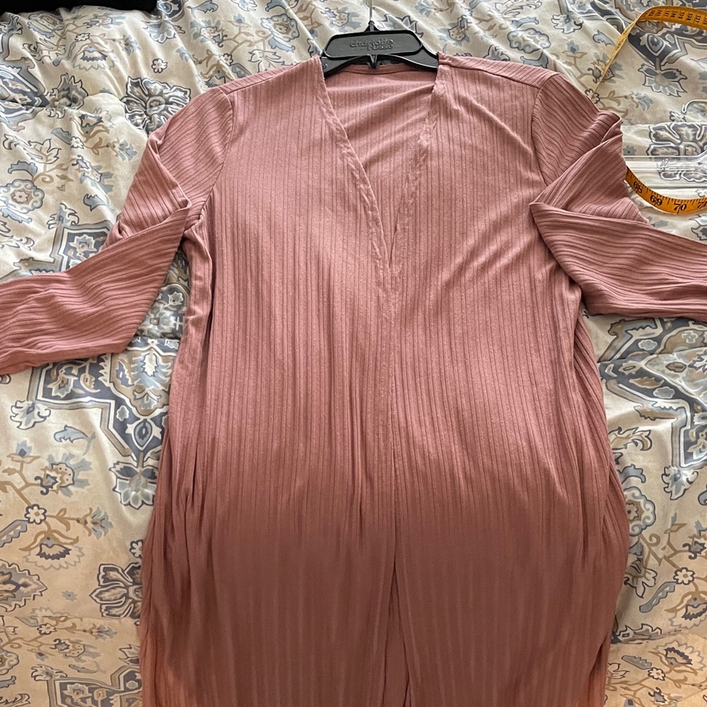Boho style Long Ribbed Open Front Duster Cardigan - Dusty Rose